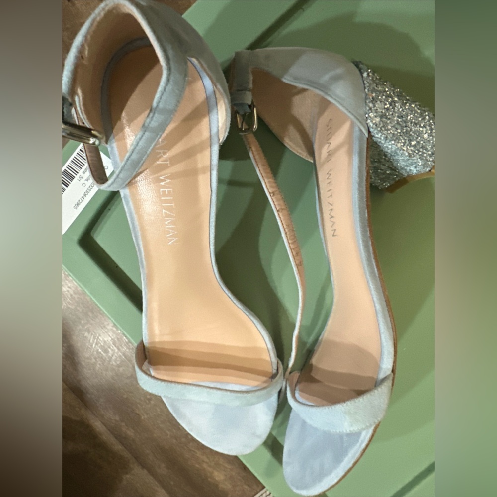 Stuart Weitzman Sky Blue Rhinestone Block Heels with Glitter- size 9